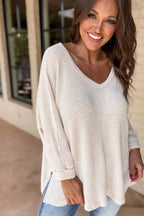 Crowned Energy CO. White / S / 65%Polyester+30%Viscose+5%Elastane Dear-Lover Dropshipping Tops/Long Sleeve Tops White Waffle Knit Side Slits Loose Fit V Neck Top