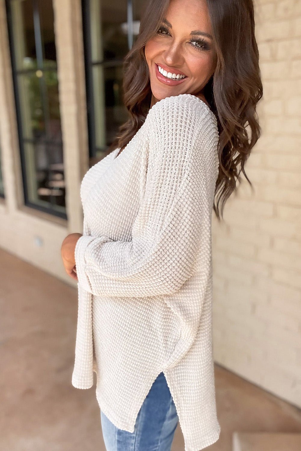 Crowned Energy CO. White / S / 65%Polyester+30%Viscose+5%Elastane Dear-Lover Dropshipping Tops/Long Sleeve Tops White Waffle Knit Side Slits Loose Fit V Neck Top