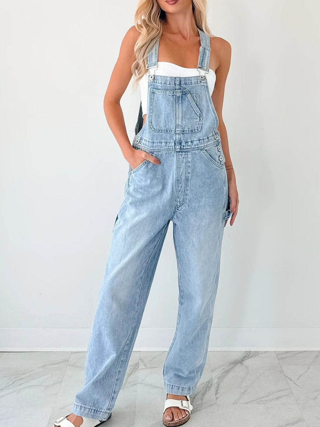 Wide Strap Relaxed Fit Denim Overalls - Crowned Energy CO.