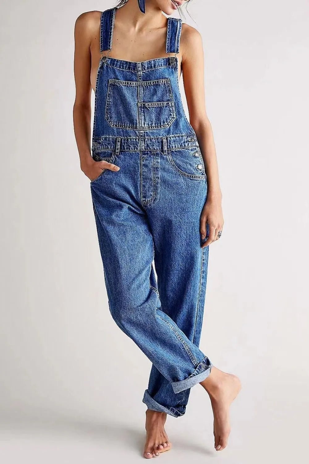 Wide Strap Square Neck Denim Overalls - Crowned Energy CO.