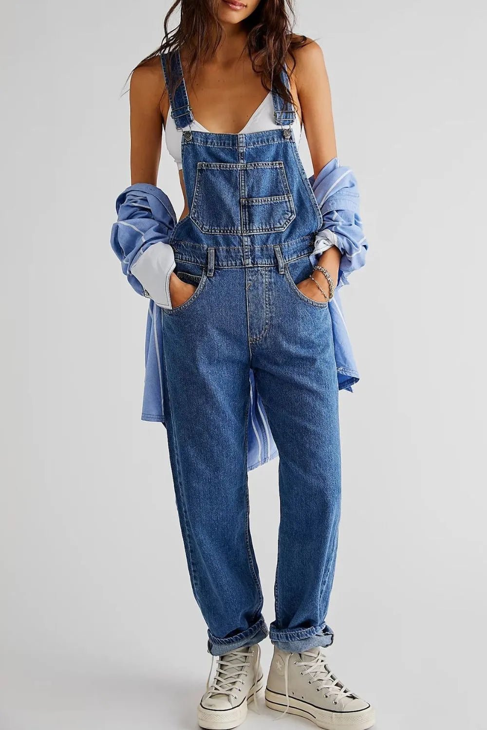 Wide Strap Square Neck Denim Overalls - Crowned Energy CO.