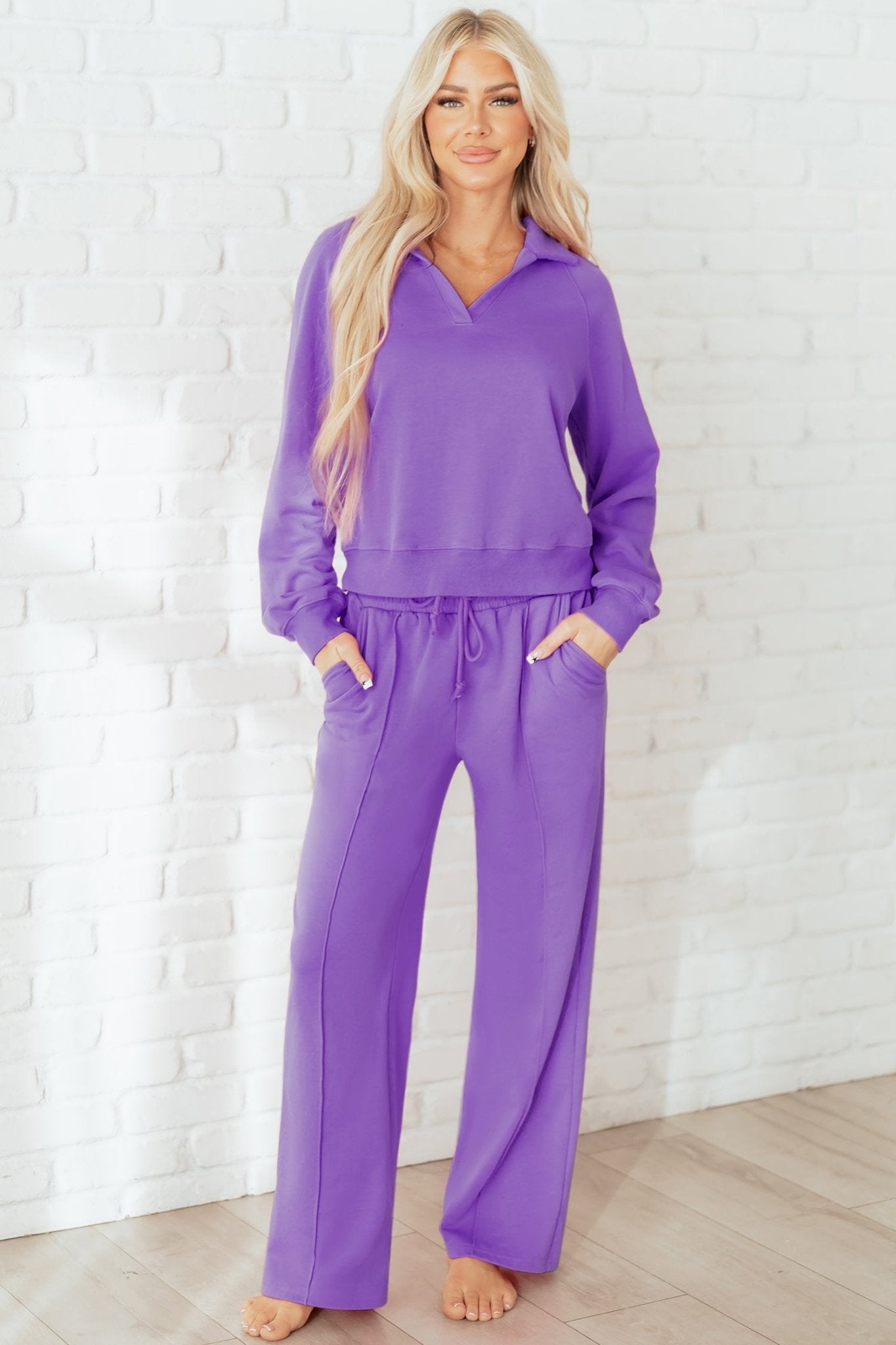 Wisteria Solid Color Collared Pullover and Central Seam Pants Set - Crowned Energy CO.