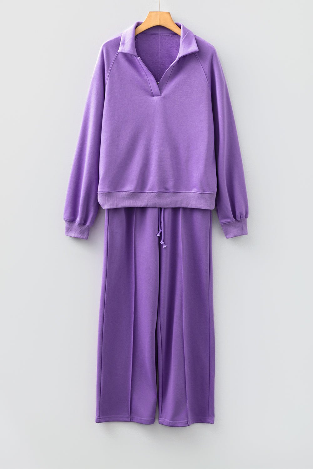 Crowned Energy CO. Wisteria / S / 65%Polyester+35%Cotton Dear-Lover Dropshipping Two Piece Sets/Pant Sets Wisteria Solid Color Collared Pullover and Central Seam Pants Set