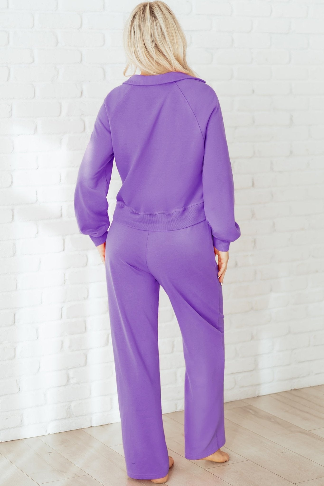 Wisteria Solid Color Collared Pullover and Central Seam Pants Set - Crowned Energy CO.