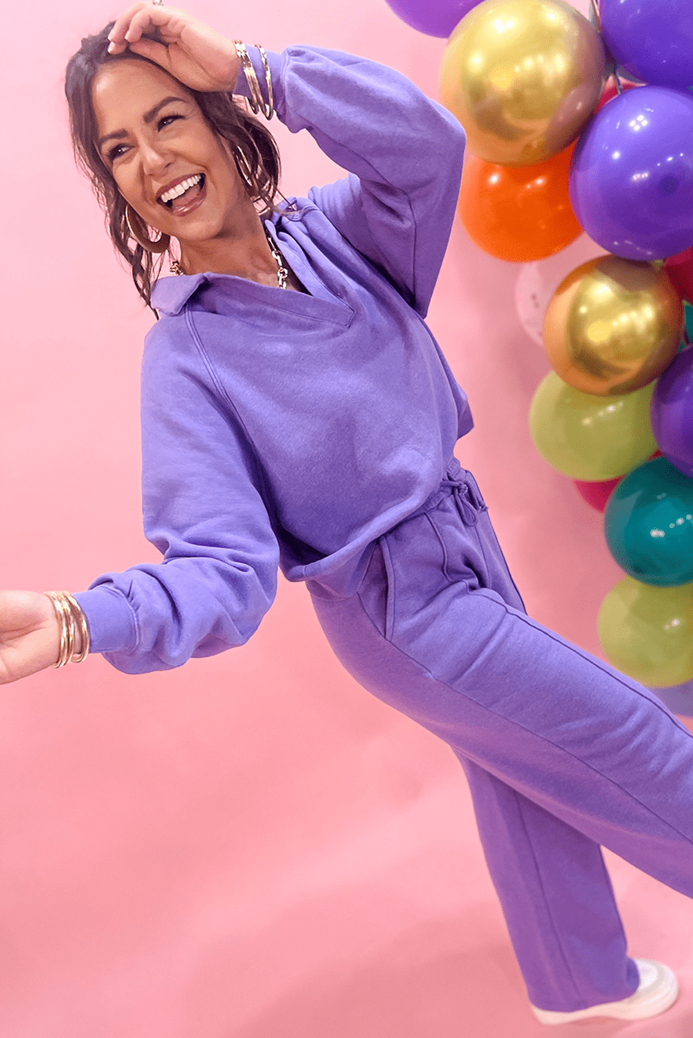 Crowned Energy CO. Wisteria / S / 65%Polyester+35%Cotton Dear-Lover Dropshipping Two Piece Sets/Pant Sets Wisteria Solid Color Collared Pullover and Central Seam Pants Set