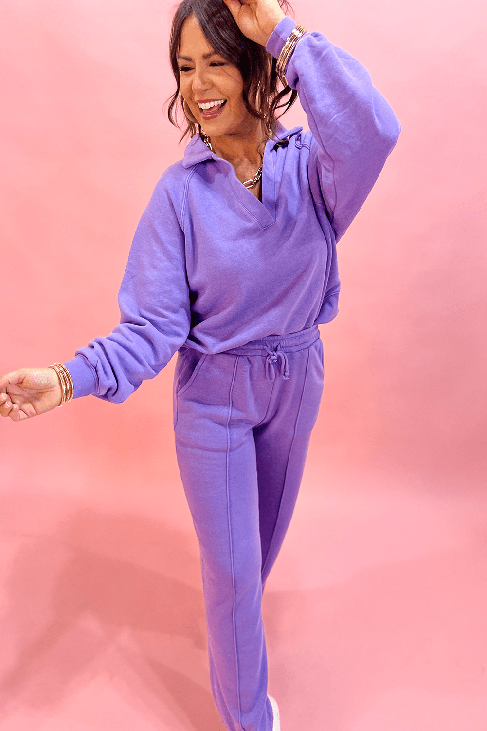 Crowned Energy CO. Wisteria / S / 65%Polyester+35%Cotton Dear-Lover Dropshipping Two Piece Sets/Pant Sets Wisteria Solid Color Collared Pullover and Central Seam Pants Set