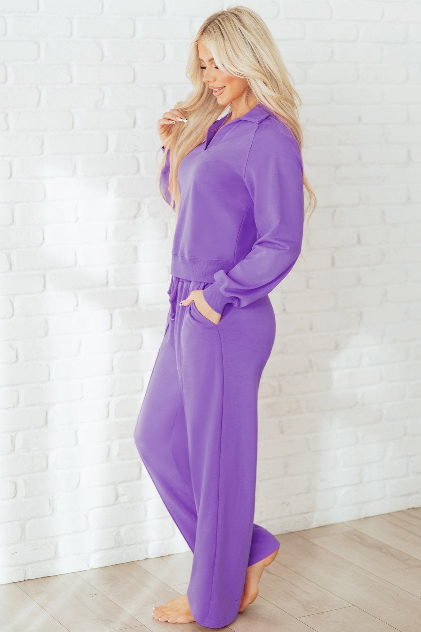 Wisteria Solid Color Collared Pullover and Central Seam Pants Set - Crowned Energy CO.