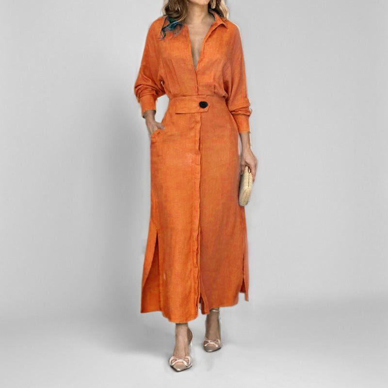 Crowned Energy CO. Orange red / 2XL Goddess Vibes Dresses Women's Elegant Tied Solid Color Waisted Long-sleeved Shirt Dress