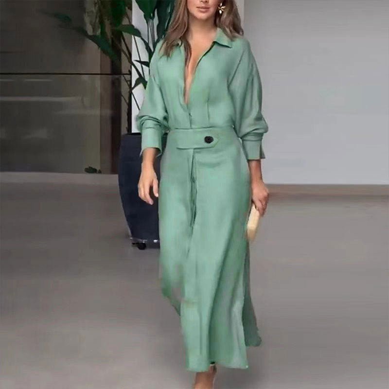 Crowned Energy CO. Light Green / 2XL Goddess Vibes Dresses Women's Elegant Tied Solid Color Waisted Long-sleeved Shirt Dress