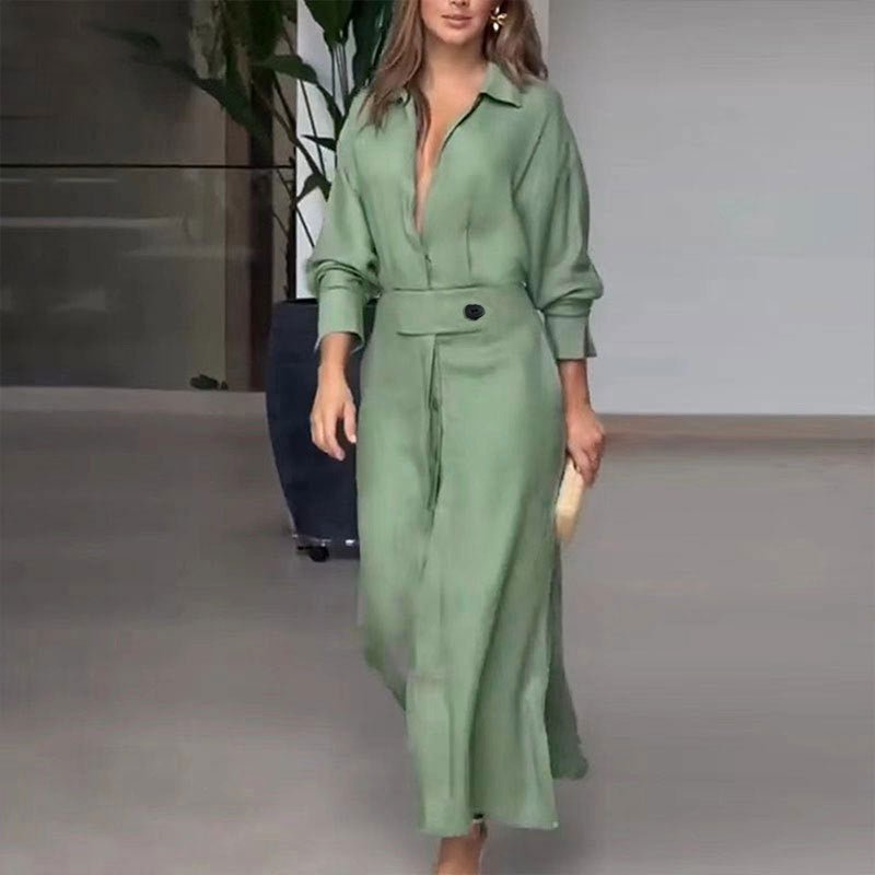 Crowned Energy CO. Apricot A / 2XL Goddess Vibes Dresses Women's Elegant Tied Solid Color Waisted Long-sleeved Shirt Dress