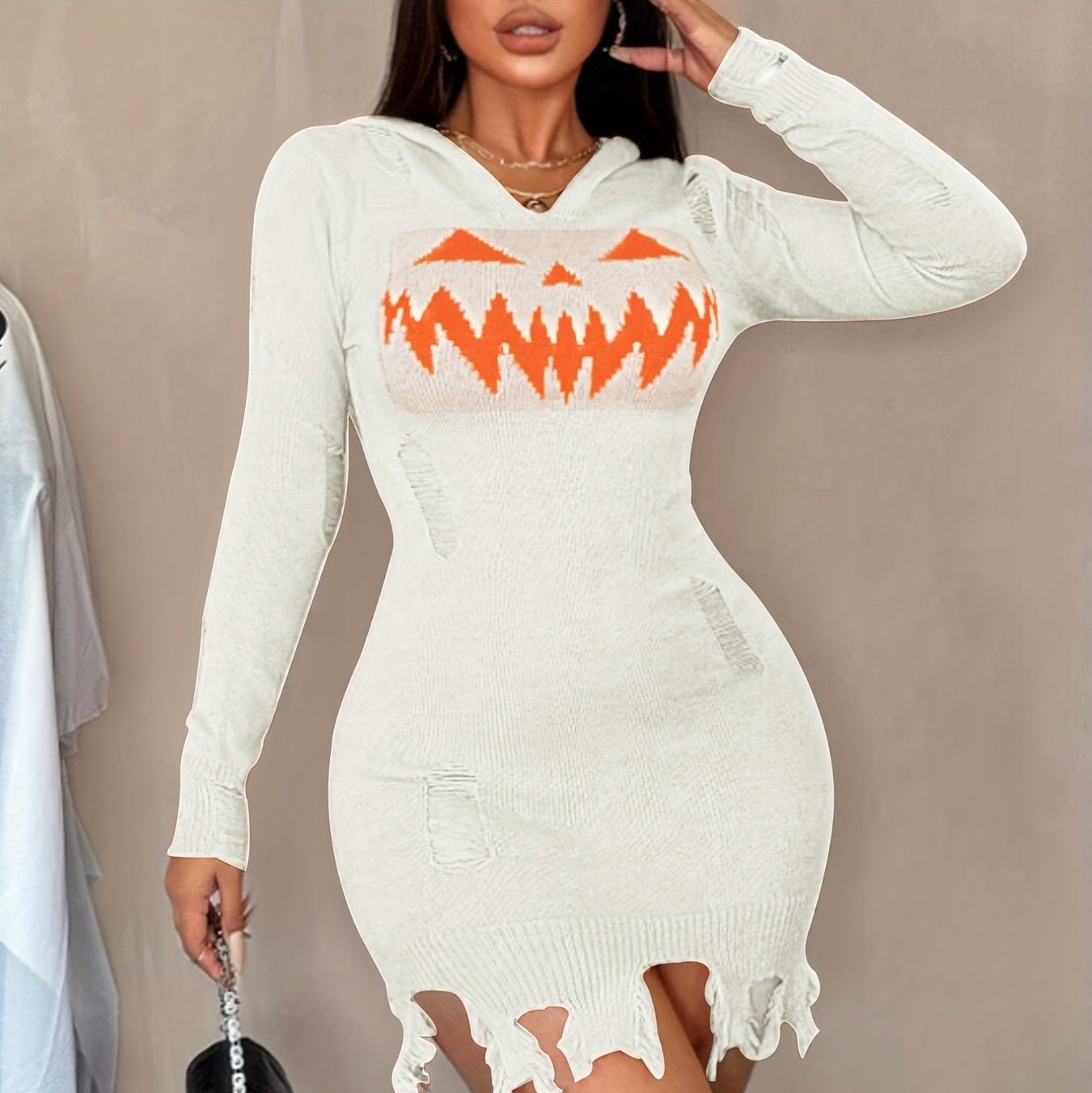 Crowned Energy CO. White / 2XL Goddess Vibes Dresses Women's Solid Color Hooded Halloween Fashion Tight Dress