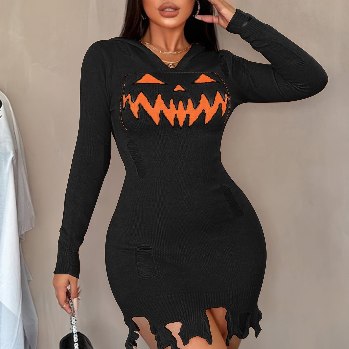 Crowned Energy CO. Black / 2XL Goddess Vibes Dresses Women's Solid Color Hooded Halloween Fashion Tight Dress