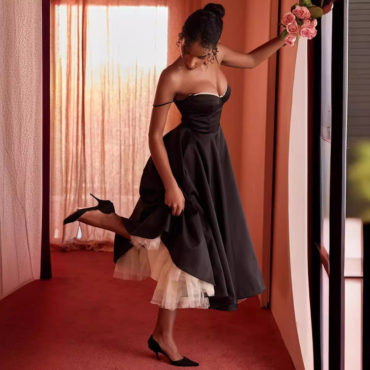 Crowned Energy CO. Black / L Goddess Vibes Dresses Women's V-neck Brace Sleeveless Dress Puffy Long Dress