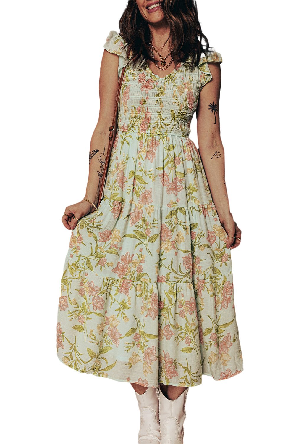 Yellow Smocked Bodice Ruffled Sleeveless Tiered Floral Maxi Dress - Crowned Energy CO.