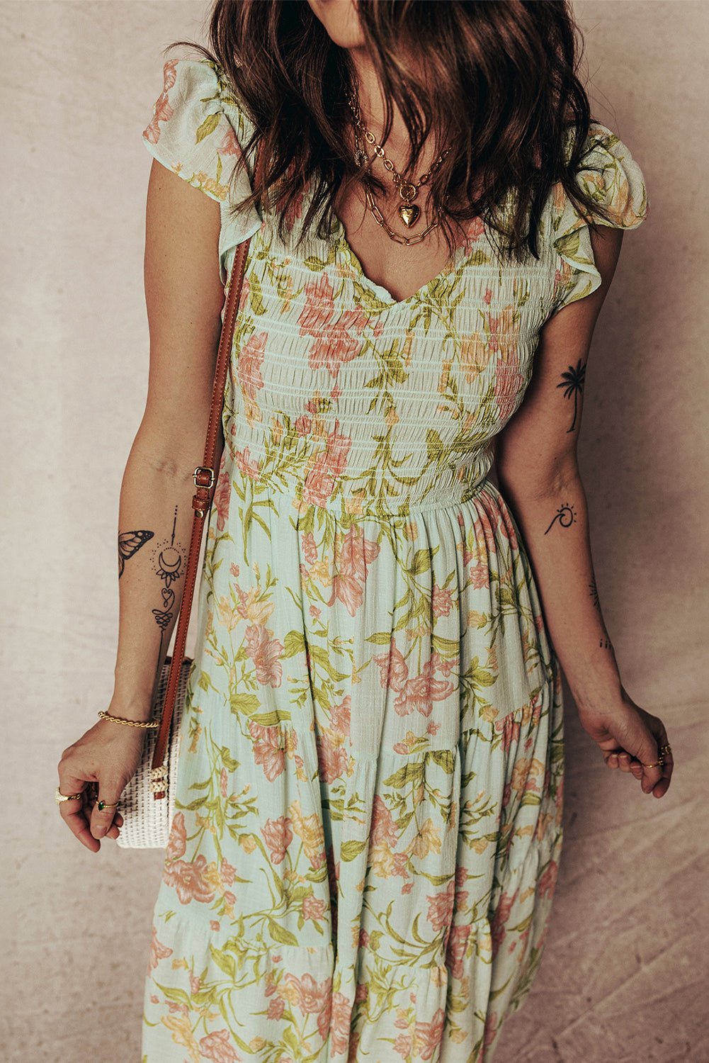 Yellow Smocked Bodice Ruffled Sleeveless Tiered Floral Maxi Dress - Crowned Energy CO.