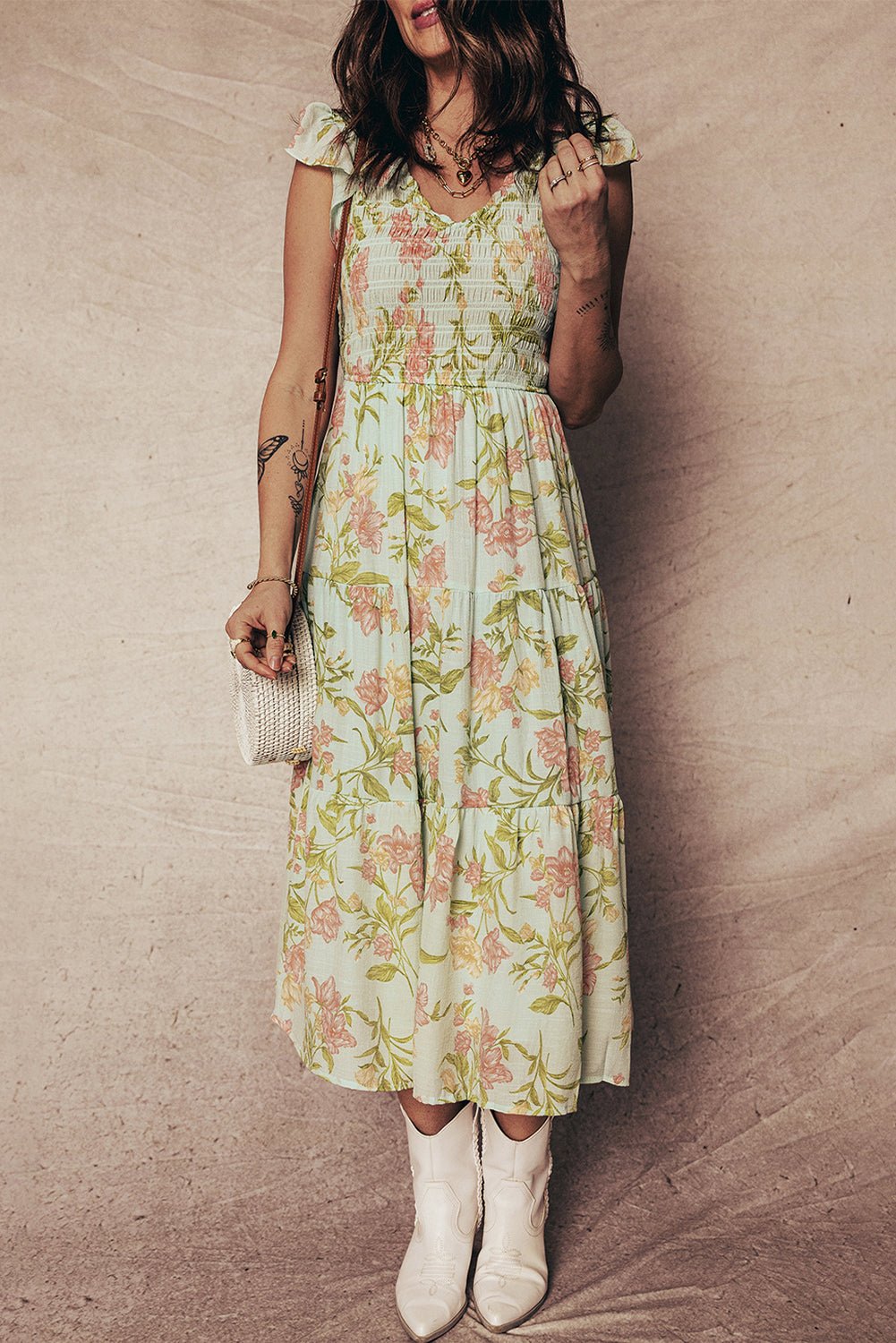 Yellow Smocked Bodice Ruffled Sleeveless Tiered Floral Maxi Dress - Crowned Energy CO.