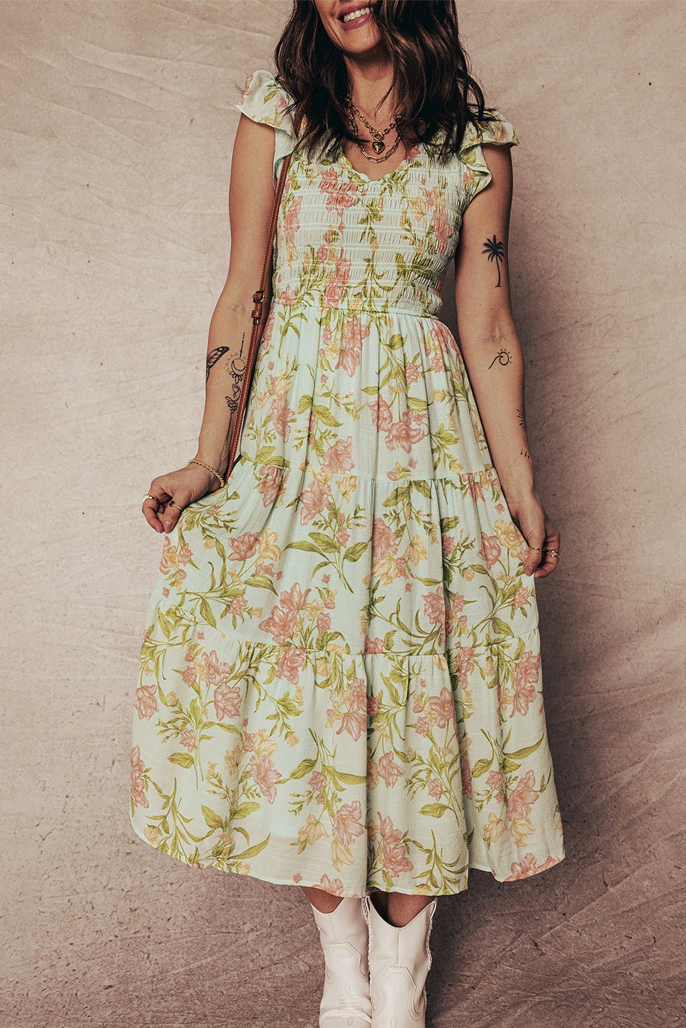 Yellow Smocked Bodice Ruffled Sleeveless Tiered Floral Maxi Dress - Crowned Energy CO.