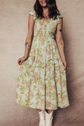 Yellow Smocked Bodice Ruffled Sleeveless Tiered Floral Maxi Dress - Crowned Energy CO.