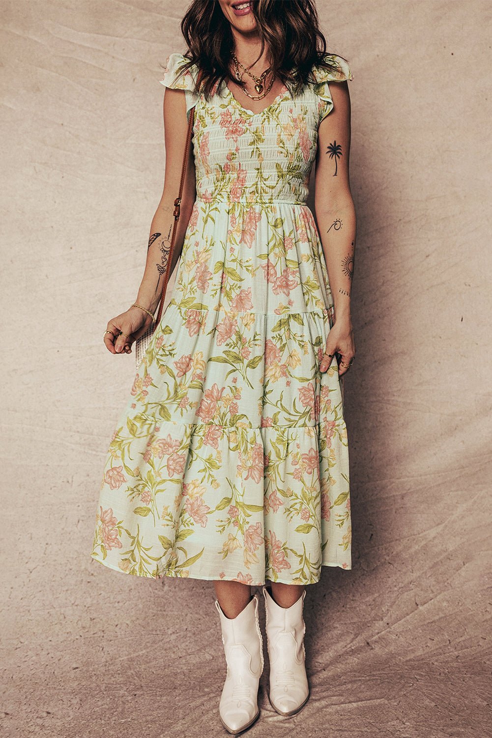 Yellow Smocked Bodice Ruffled Sleeveless Tiered Floral Maxi Dress - Crowned Energy CO.