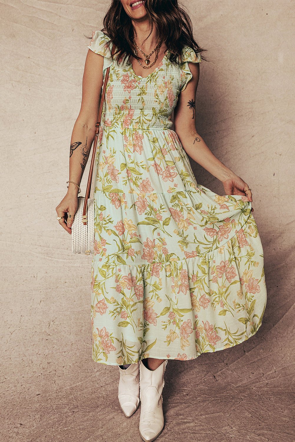 Yellow Smocked Bodice Ruffled Sleeveless Tiered Floral Maxi Dress - Crowned Energy CO.