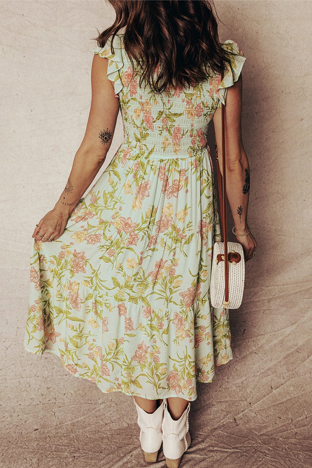 Yellow Smocked Bodice Ruffled Sleeveless Tiered Floral Maxi Dress - Crowned Energy CO.