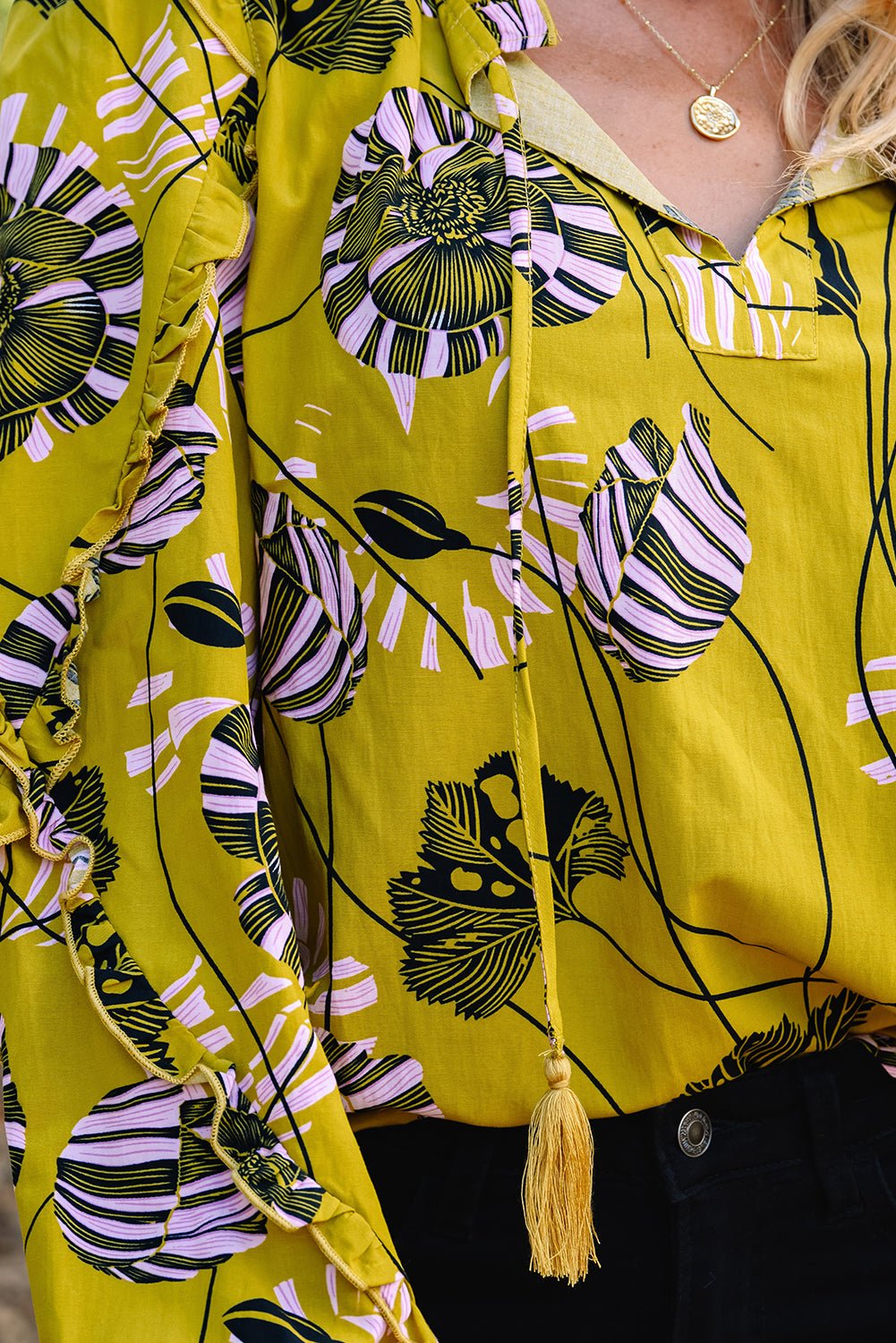 Yellow Vintage Floral V Neck Ruffle Trim Long Sleeve Blouse - Crowned Energy CO.