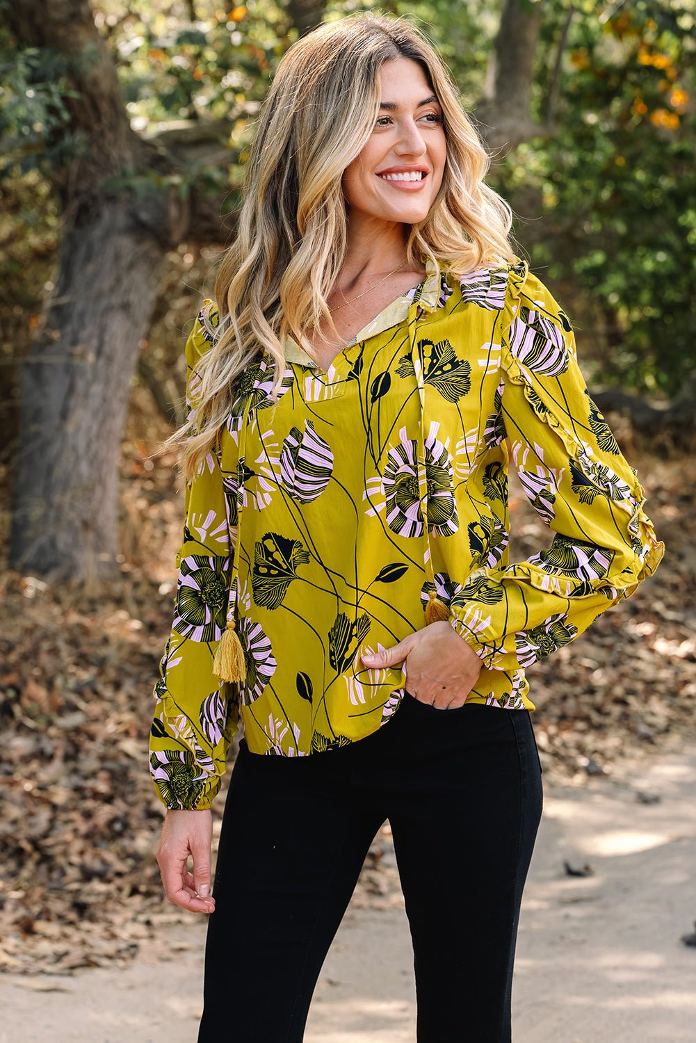 Yellow Vintage Floral V Neck Ruffle Trim Long Sleeve Blouse - Crowned Energy CO.
