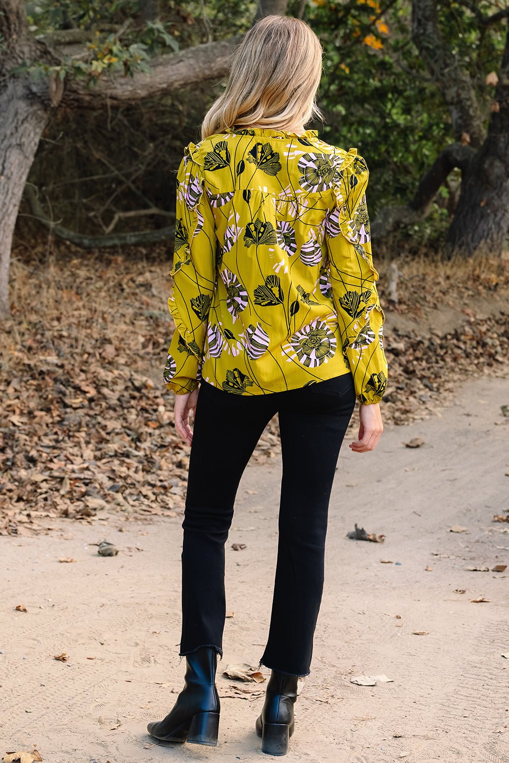 Yellow Vintage Floral V Neck Ruffle Trim Long Sleeve Blouse - Crowned Energy CO.