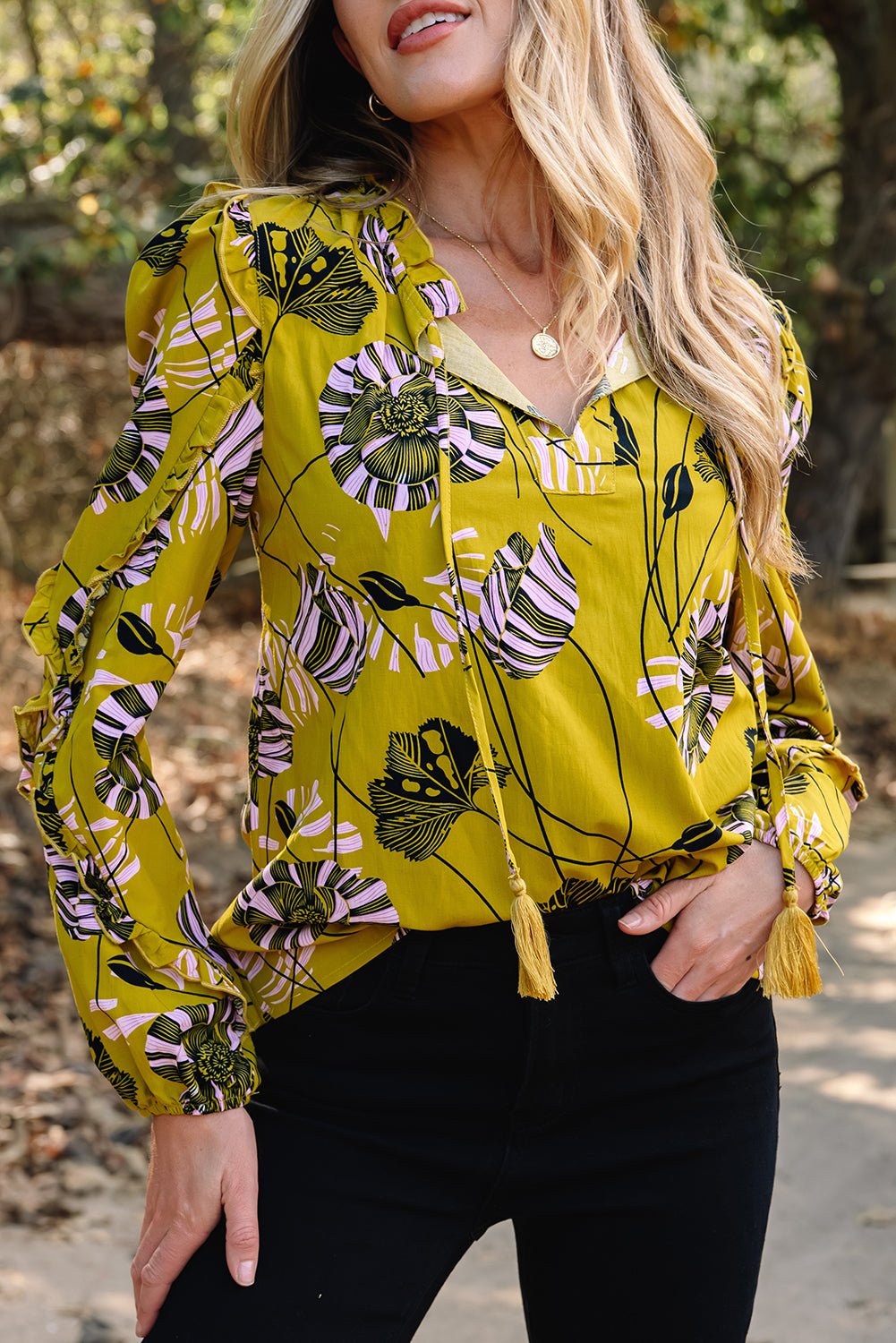 Yellow Vintage Floral V Neck Ruffle Trim Long Sleeve Blouse - Crowned Energy CO.