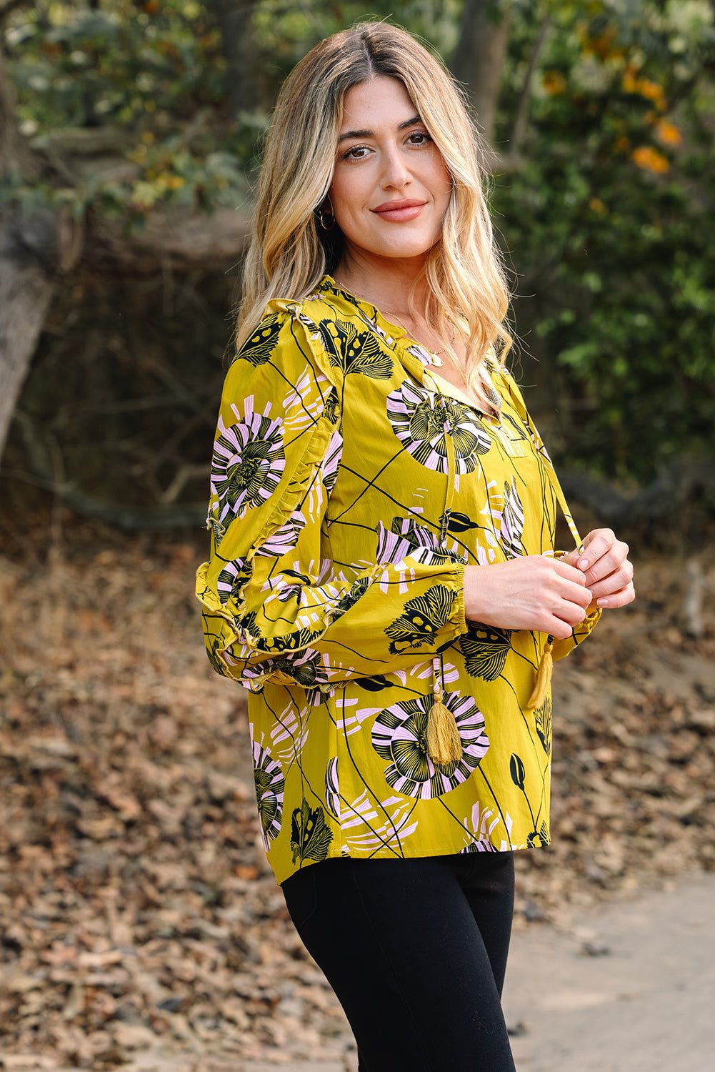 Yellow Vintage Floral V Neck Ruffle Trim Long Sleeve Blouse - Crowned Energy CO.
