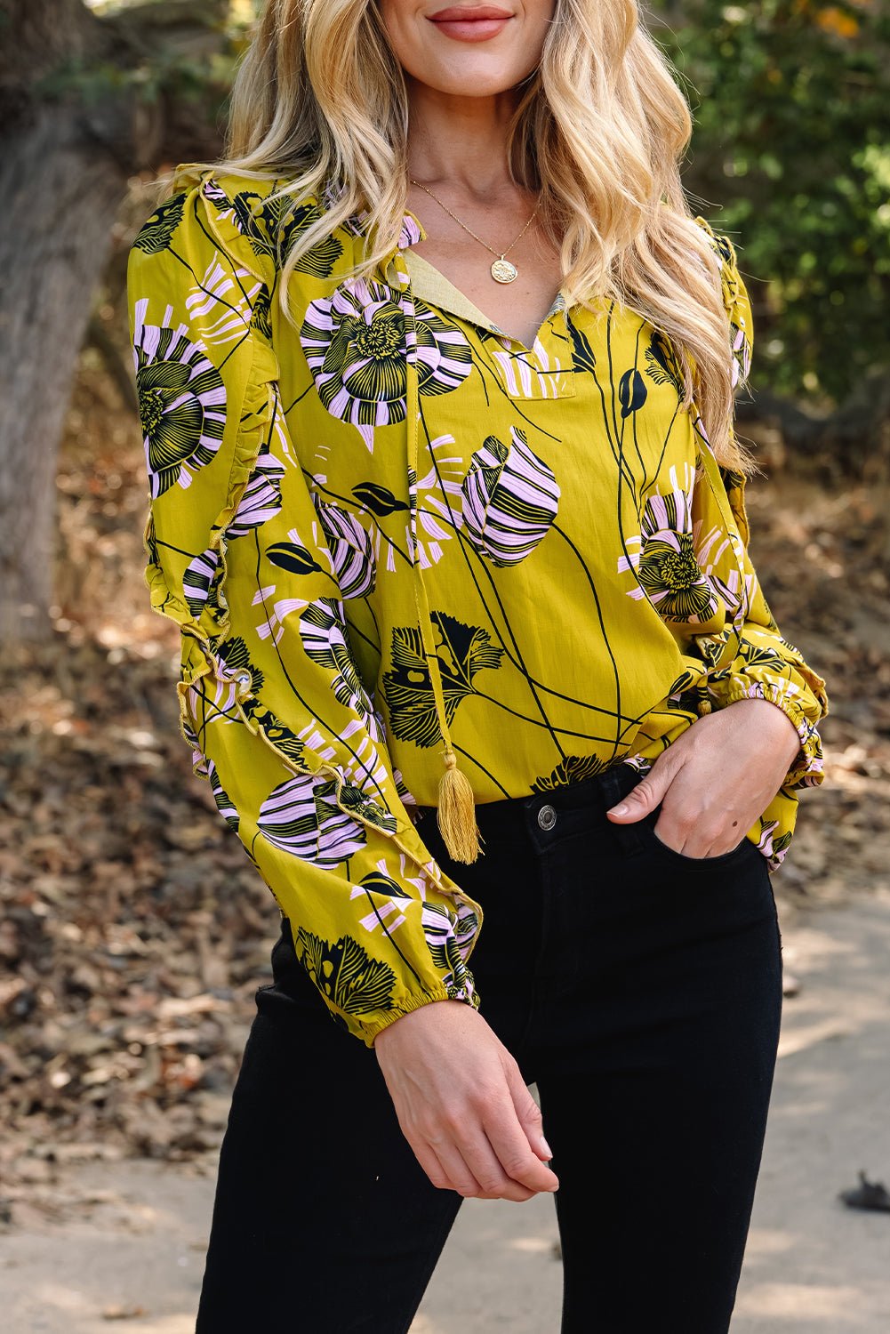 Yellow Vintage Floral V Neck Ruffle Trim Long Sleeve Blouse - Crowned Energy CO.