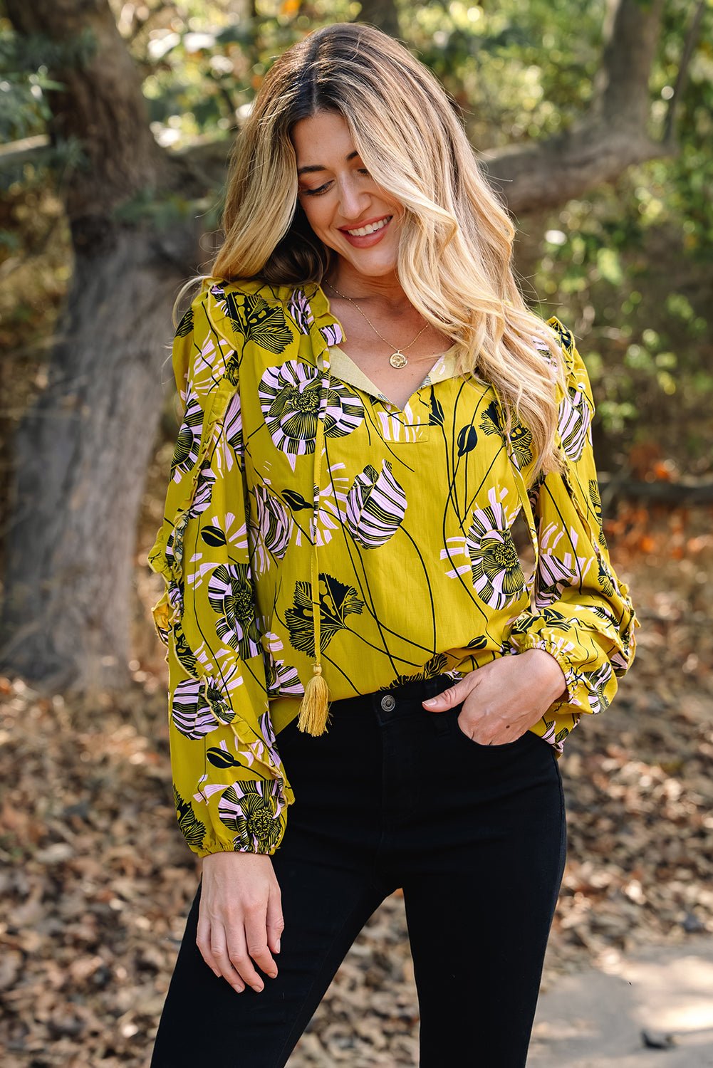 Yellow Vintage Floral V Neck Ruffle Trim Long Sleeve Blouse - Crowned Energy CO.