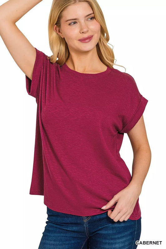 Crowned Energy CO. CABERNET / S Trendsi Shirt Zenana Cotton Modal Slub Rolled Sleeve T-Shirt