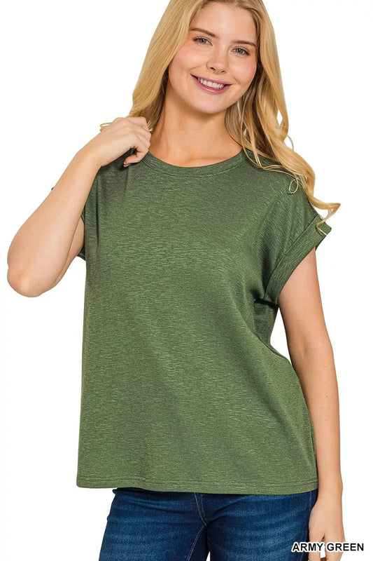 Crowned Energy CO. ARMY GREEN / S Trendsi T-Shirt Zenana Cotton Modal Slub Rolled Sleeve T-Shirt