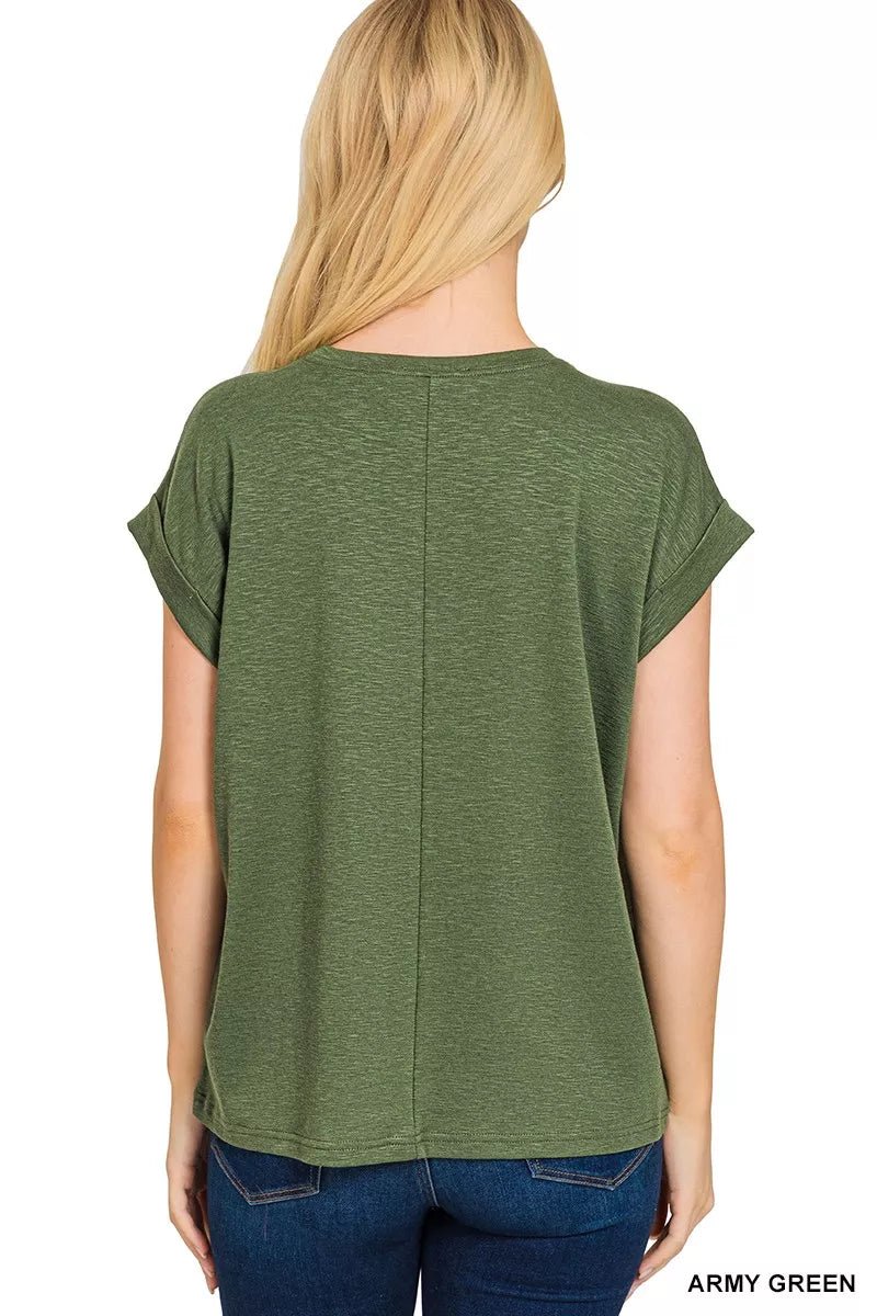 Crowned Energy CO. ARMY GREEN / S Trendsi T-Shirt Zenana Cotton Modal Slub Rolled Sleeve T-Shirt