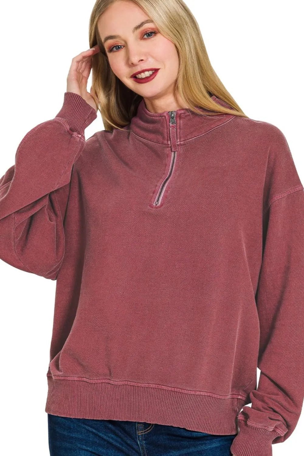 Crowned Energy CO. CABERNET / S Trendsi Sweaters & Cardigans/Cardigans Zenana F/terry Pigment Dye & Enzyme Washing Half Zip Top
