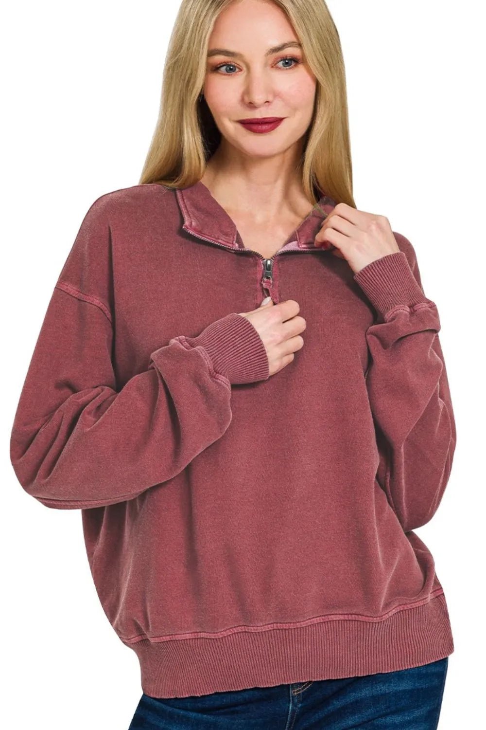 Crowned Energy CO. CABERNET / S Trendsi Sweaters & Cardigans/Cardigans Zenana F/terry Pigment Dye & Enzyme Washing Half Zip Top