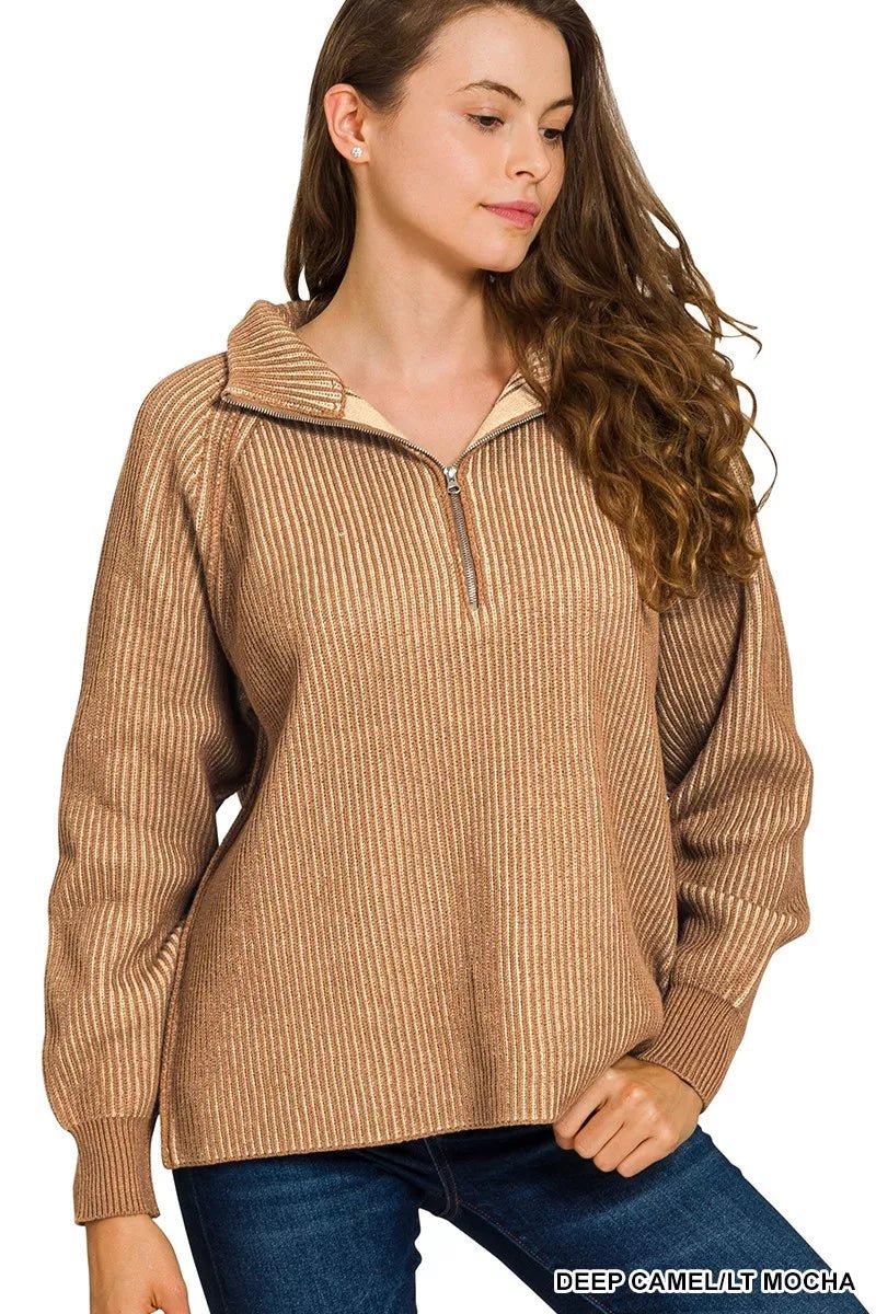 Zenana Ribbed Two Tone Half Zip Sweater - Crowned Energy CO.