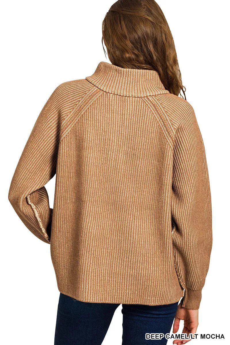Zenana Ribbed Two Tone Half Zip Sweater - Crowned Energy CO.