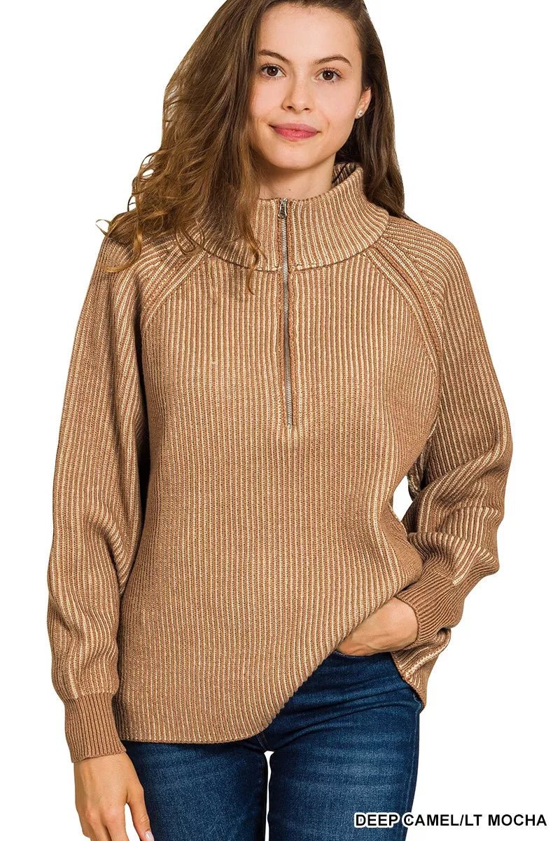 Zenana Ribbed Two Tone Half Zip Sweater - Crowned Energy CO.