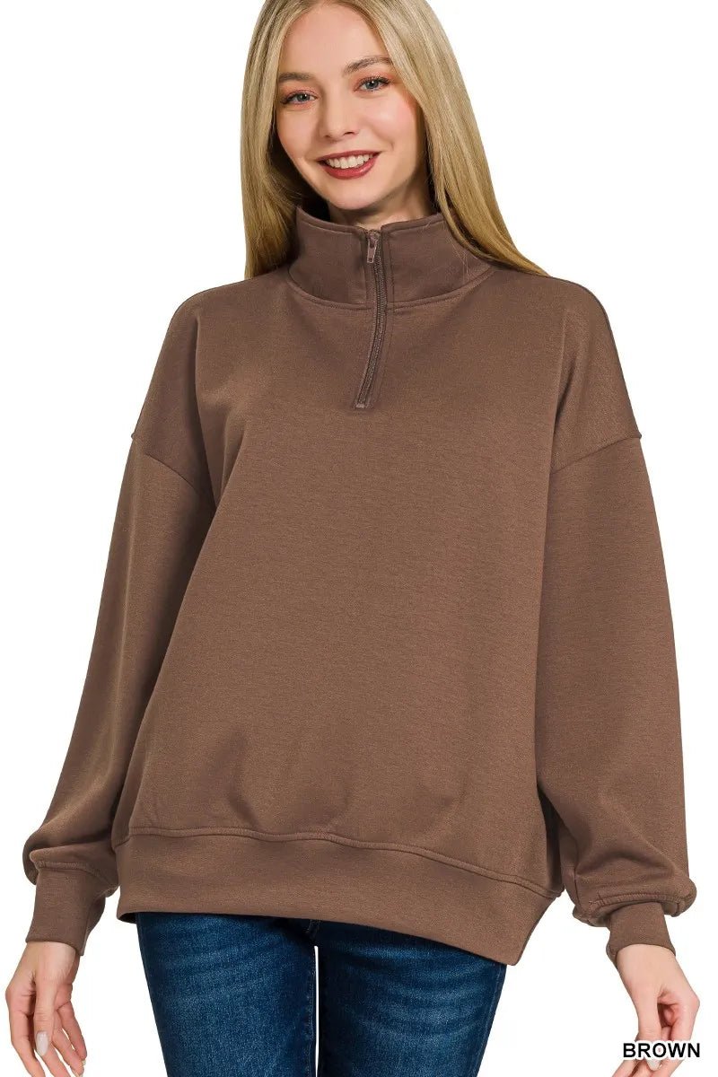 Crowned Energy CO. BROWN / S Trendsi Sweaters & Cardigans/Cardigans Zenana Scuba Quarter-Zip Sweatshirt