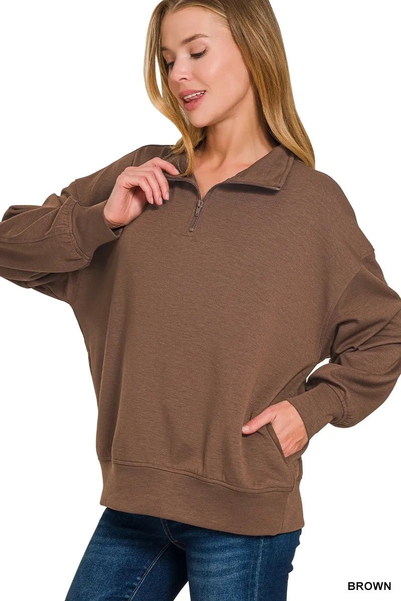 Crowned Energy CO. BROWN / S Trendsi Sweaters & Cardigans/Cardigans Zenana Scuba Quarter-Zip Sweatshirt