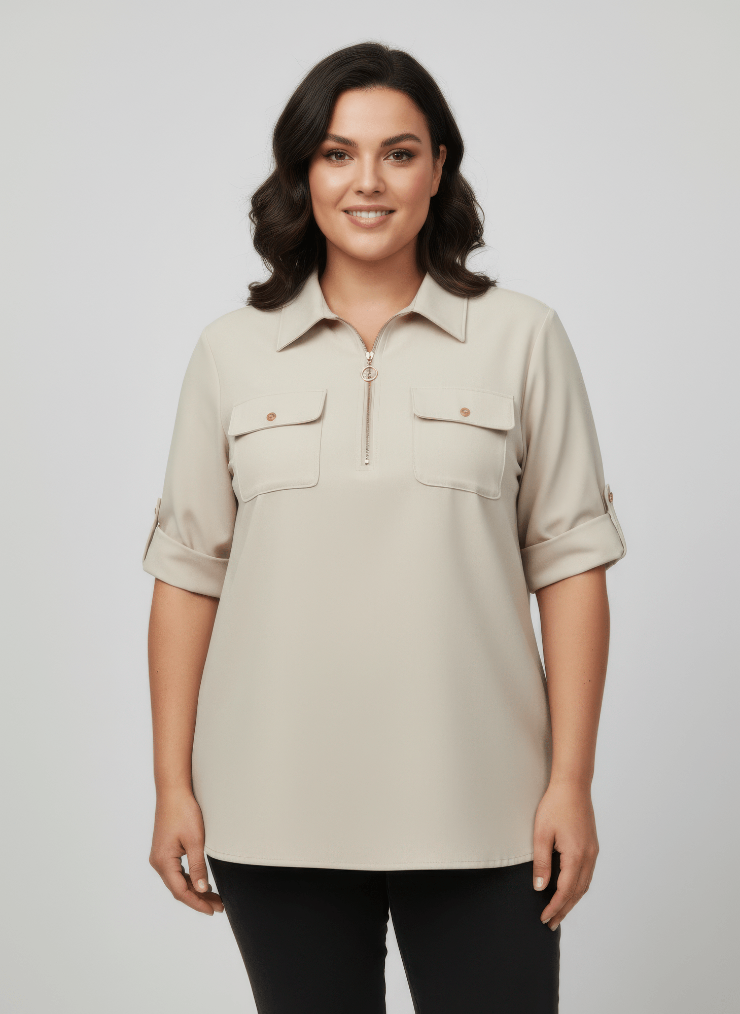 Zip Front Utility Pocket Tunic Blouse - Crowned Energy CO.