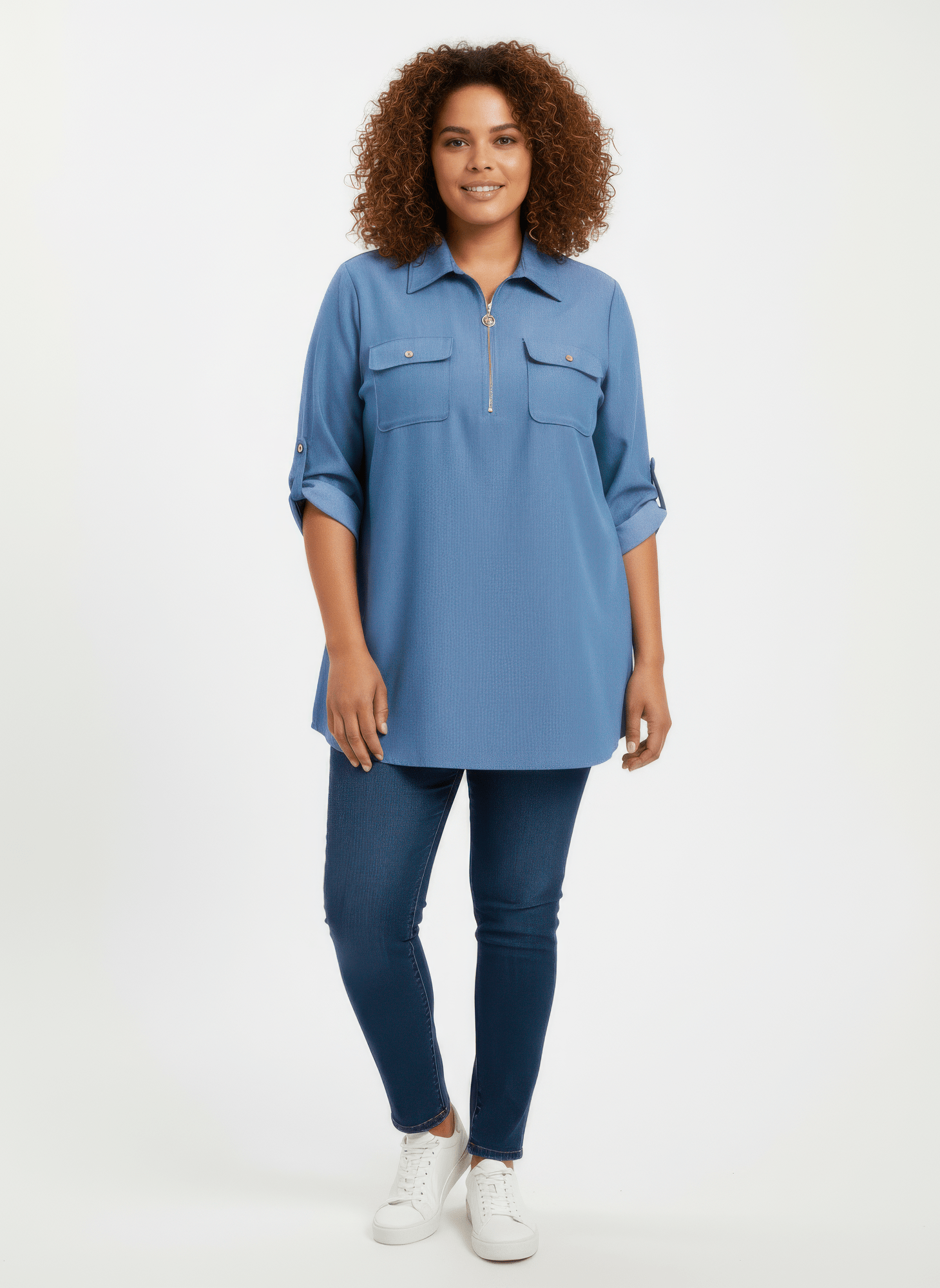 Zip Front Utility Pocket Tunic Blouse - Crowned Energy CO.