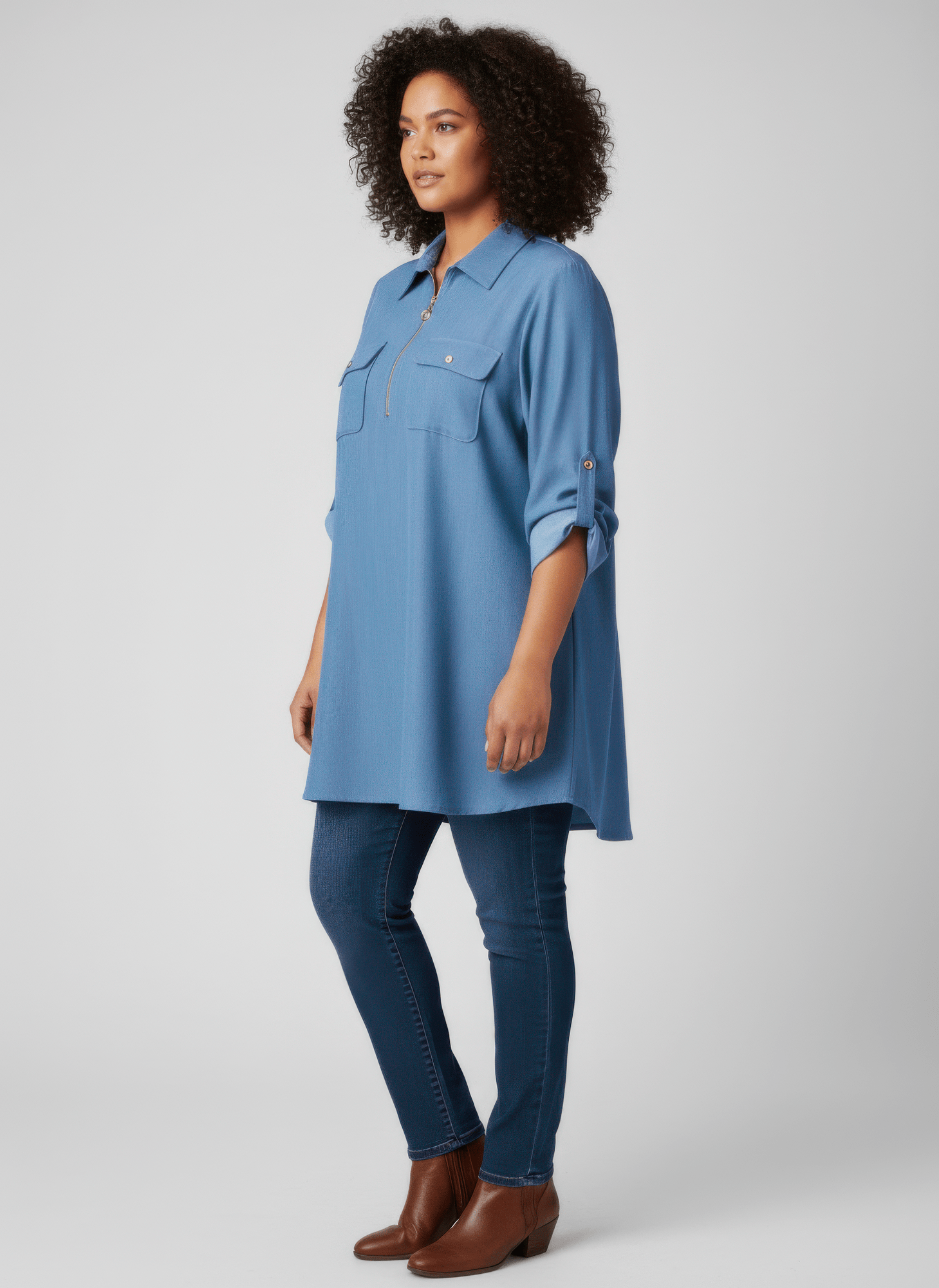 Zip Front Utility Pocket Tunic Blouse - Crowned Energy CO.