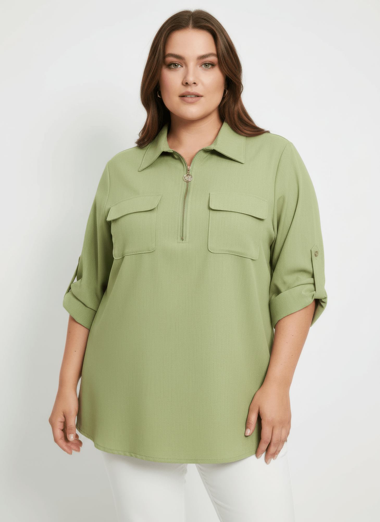 Zip Front Utility Pocket Tunic Blouse - Crowned Energy CO.